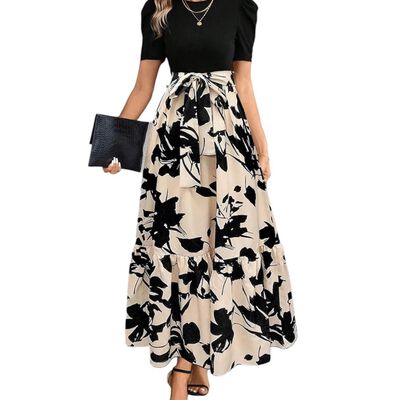 Vestido Casual Largo para Dama Mujer de Cintura Alta Estilo Vintage Estampado y Elegante Color Negro con Beige