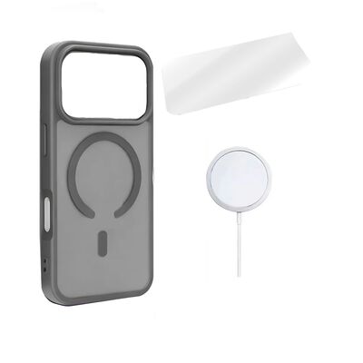 Funda Magsafe Para iPhone 17 Pro+ Cargador Inal&aacute;mbrico 15w + Mica De Vidrio Gris