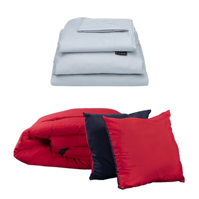 Edred&oacute;n Queen Size Dicasa Couzy Doble Vista Rojo con Azul y S&aacute;banas Softy Platino