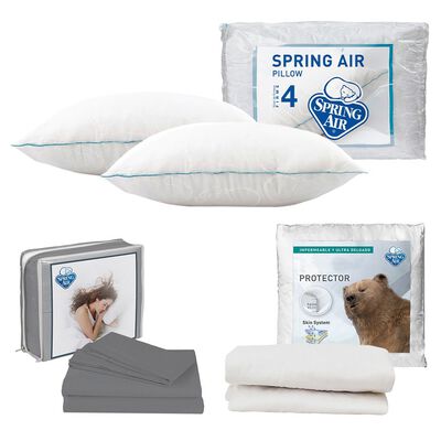 Protector Queen Size Spring Air Ultra Blanco + S&aacute;banas Spring Air Basic Grey + 2 Almohadas Spring Air Osos