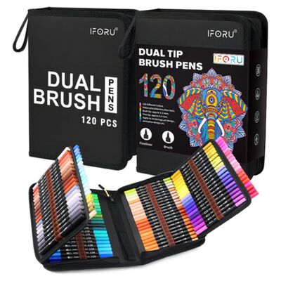 Marcadores Plumones Doble Punta Pincel 120 Colores Con Bolsa