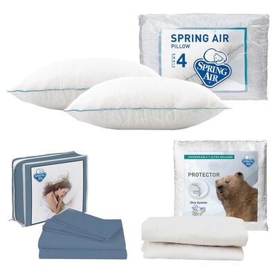 Protector Queen Size Spring Air Ultra Blanco + S&aacute;banas Spring Air Basic Azul + 2 Almohadas Spring Air Osos