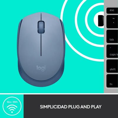Mouse Ergon&oacute;mico Logitech M170, Inal&aacute;mbrico, &Oacute;ptico, 1.000DPI, RF Inal&aacute;mbrico, Azul