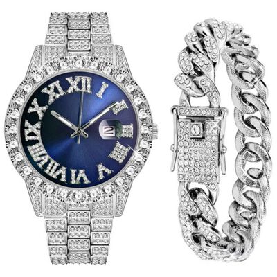 "Reloj De Pulsera De Lujo Con Diamantes Y Brazalete, Unisex Azul Plata "