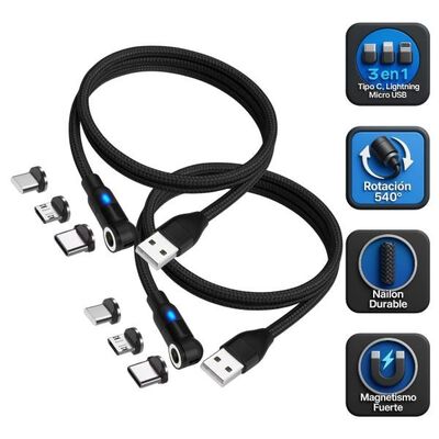 Cable Magn&eacute;tico 3 en 1 con LED y Conector Giratorio 540&deg; &ndash; Pack 2 Piezas