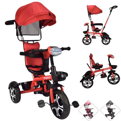 Triciclo Evolutivo para Ni&ntilde;os Giratorio 360 con Luz y Sonido Ruedas de Eva Toldo y Bast&oacute;n de Empuje - Rojo