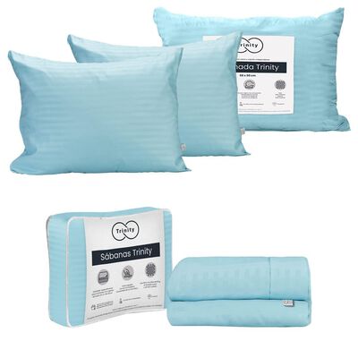 S&aacute;banas Queen Size Trinity Azul Cielo + 2 Almohadas Trinity