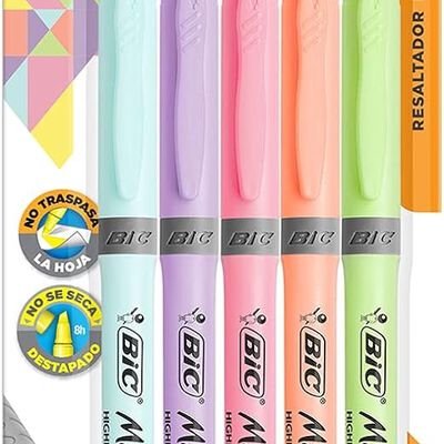 A BIC, Marcatextos con Grip, Subraya Todo, Punta Cincel, Marking Pastel, Surtido de Colores, 5 piezas.
