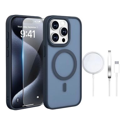 Funda Para iPhone 12 Pro + Cargador Inal&aacute;mbrico 15w + Mica De Vidrio Templado Azul