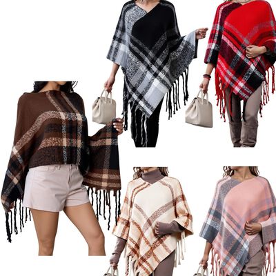 PAQUETE 6 PIEZAS PONCHO DE CUADROS CON FLECOS