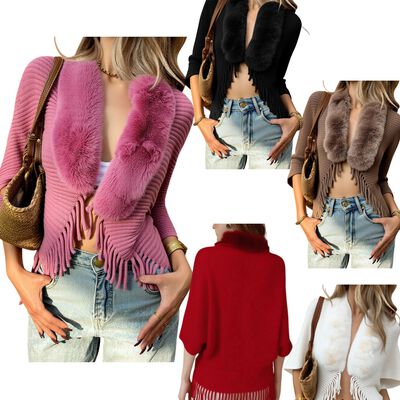 PAQUETE 6 PIEZAS CARDIGAN CON CUELLO DE PELUCHE Y FLECOS