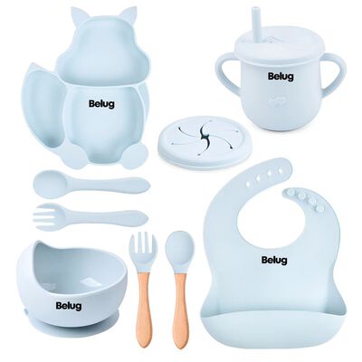 Set Plato Vaso Bowl Babero Para Comida Beb&eacute; De Silicona 8pc Color Azul Claro