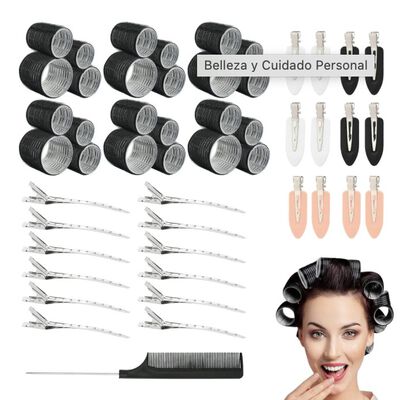 49 Pzs Hair Rulo Tubos Pl&aacute;stica Para Cabello Autoadheribles Negro