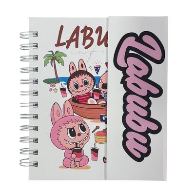Libreta de tapa dura laminado liso con espiral met&aacute;lico en la lateral con solapa protectora, Labubu