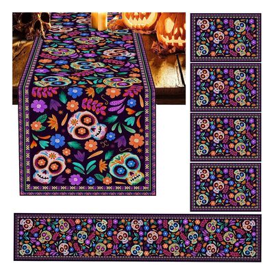 Camino De Mesa De D&iacute;a De Muertos + 4 Manteles Individuales