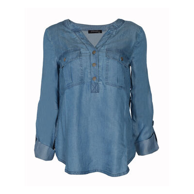 Blusa de mezclilla con bolsillos Philosophy azul talla chica para mujer