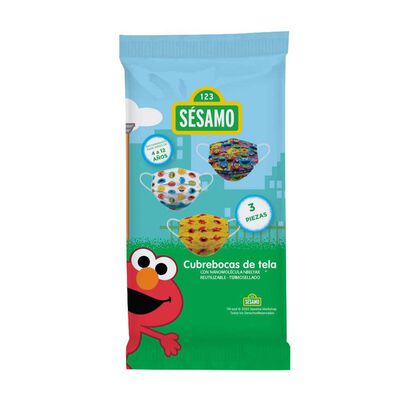 Cubreboca Biomsk para niño con Nanomolécula  NBELYAX ®  Termosellado Y   Reutilizable (Plaza Sésamo empaque con 3 piezas)