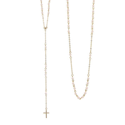 Rosario de Perla de Cristal Rosa Acabado Dorado Joyería Religiosa