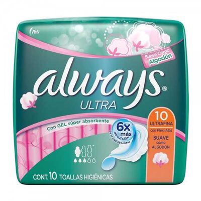 Toallas femeninas Ultrafina con alas 10 pz Always