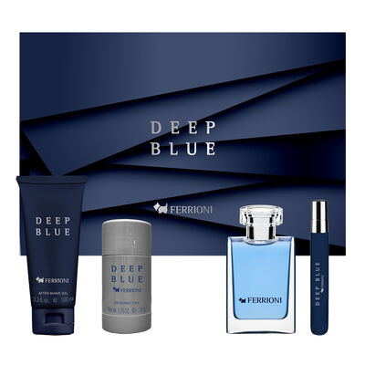 Set Eau De Toilette Ferrioni Deep Blue  100 Ml + After Shave Gel 100 Ml + 10 Ml + Deo Stick 78 G Para Hombre