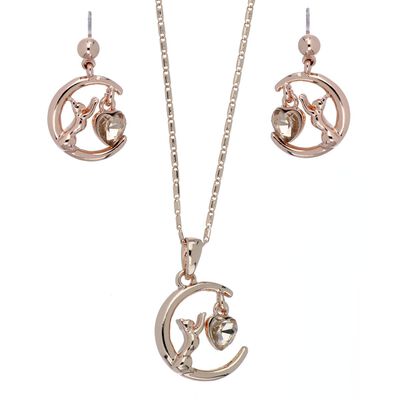 Juego Arete y Dije Gatito con Corazón Lt. Peach Acabado en Chapado Oro Rosa Camilla