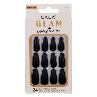 Kit Uñas Postizas Medium Coffin Negro Matte 24 piezas