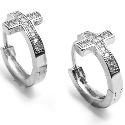 Arracadas Plateadas de Rodio con Cruz y Zirconia Vstone
