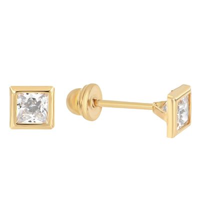 Broqueles HERS Bisel 3x3 Cristal en Oro de 14 K