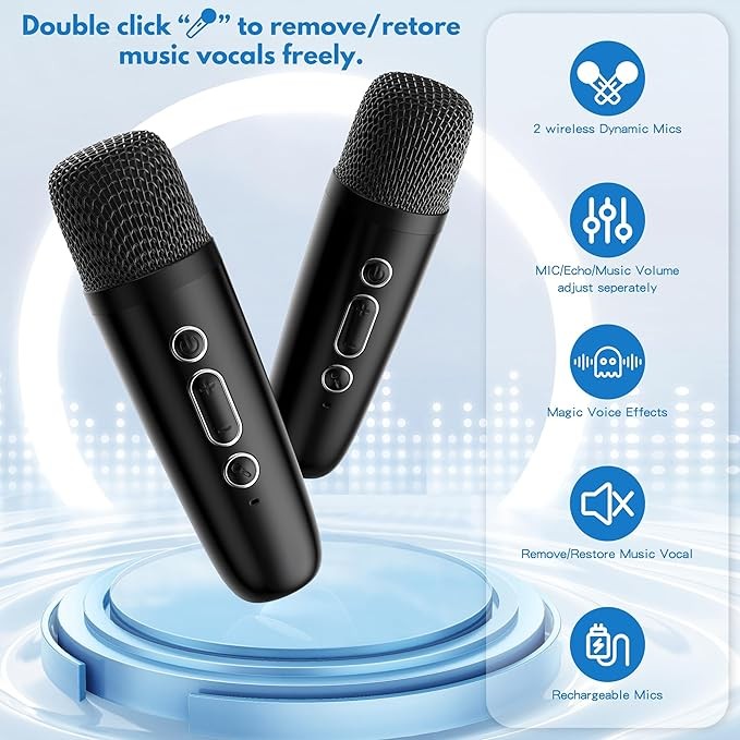 A JYX Mini M&aacute;quina de Karaoke, Portable Bluetooth Karaoke Speaker Unpowered Cabinets with 2 Wireless Microphones and Party Lights for Kids and Adults, Birthday Gifts for Girls Boys Family Home Party. image number null