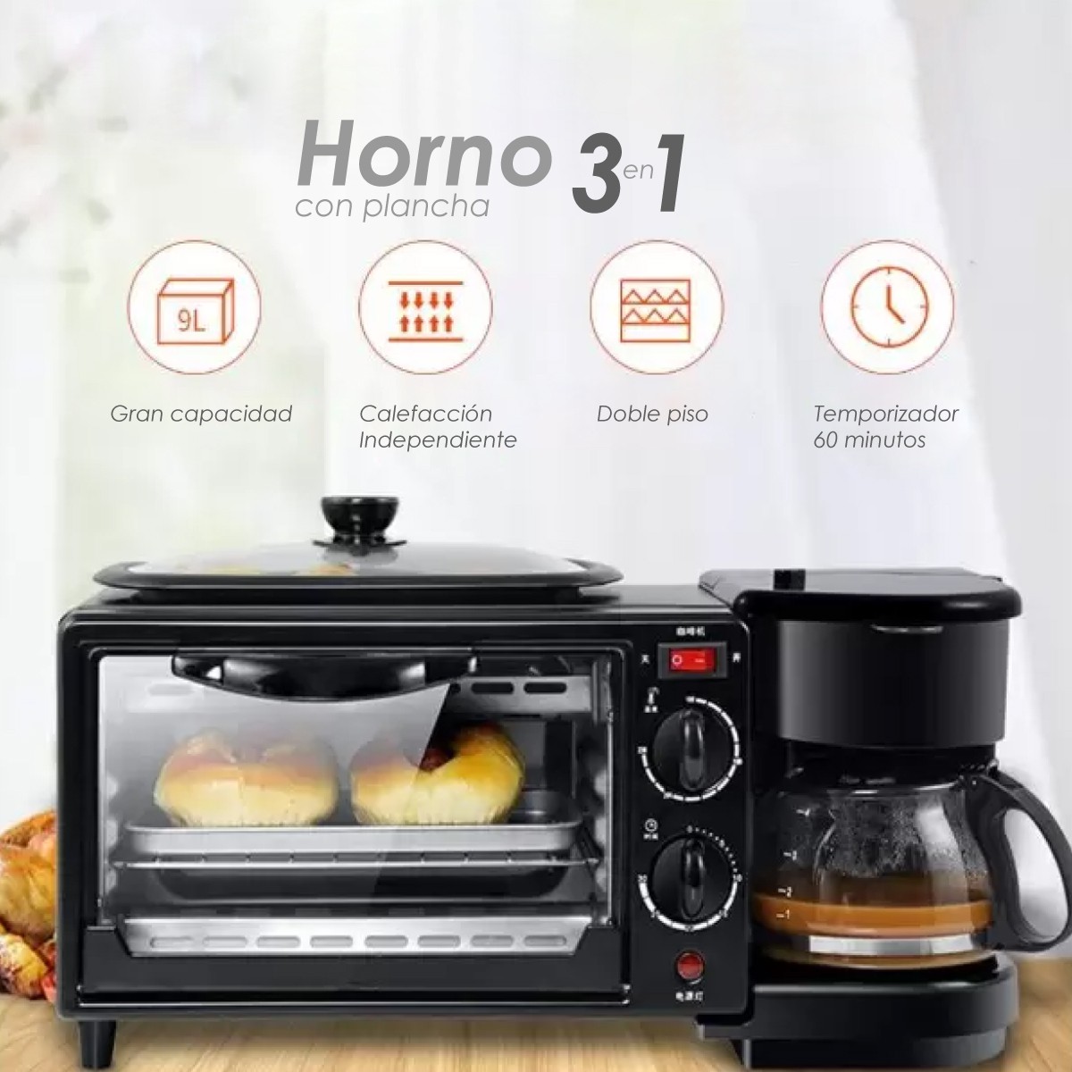 Ilios Innova | Horno 3 En 1 Maquina De Desayuno Sarten Cafetera Mini Horno image number null