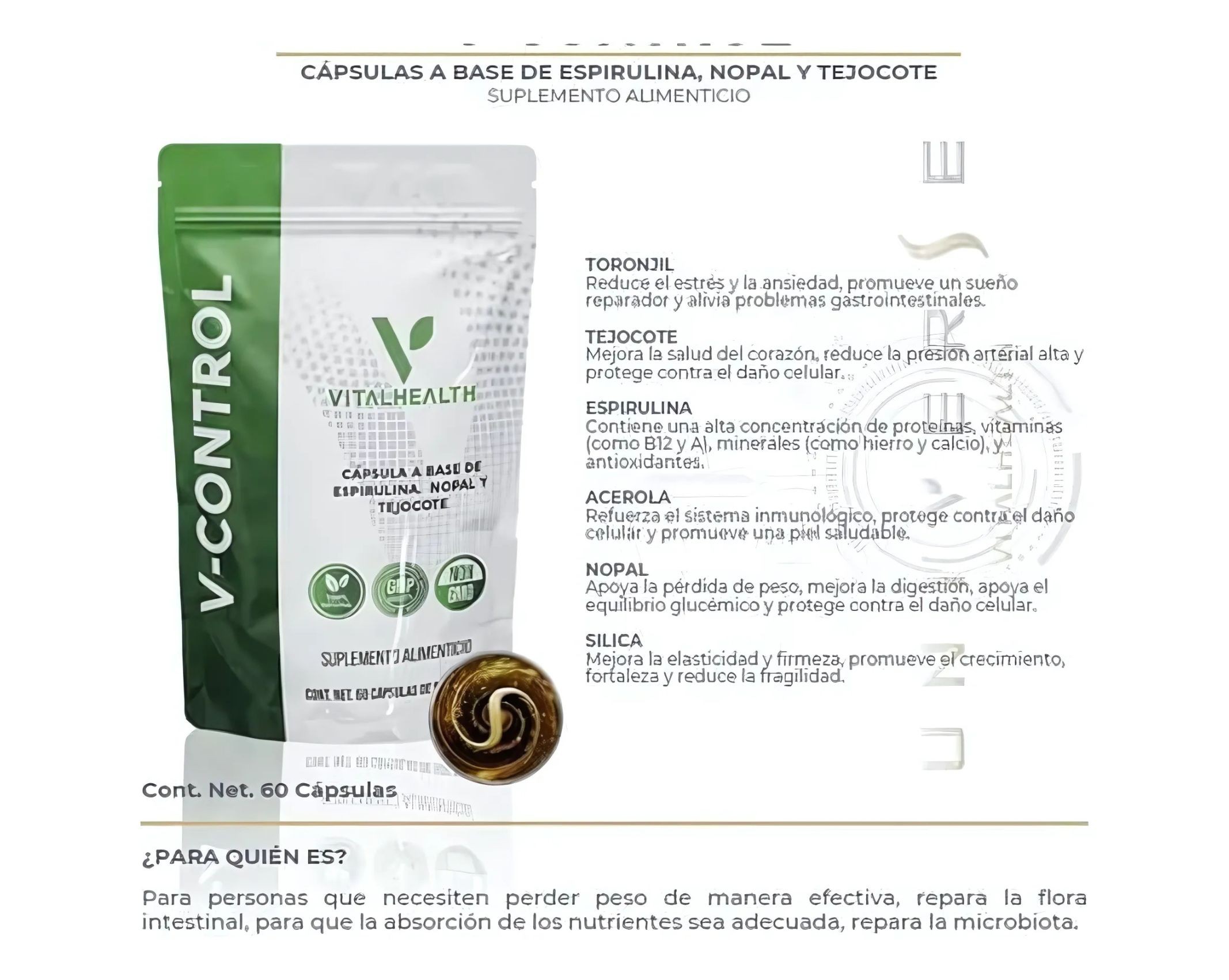 V-Control VitalHealth 60 C&aacute;psulas | Suplemento Natural para Control de Peso Metabolismo y Energ&iacute;a | F&oacute;rmula PremiumExtra image number null