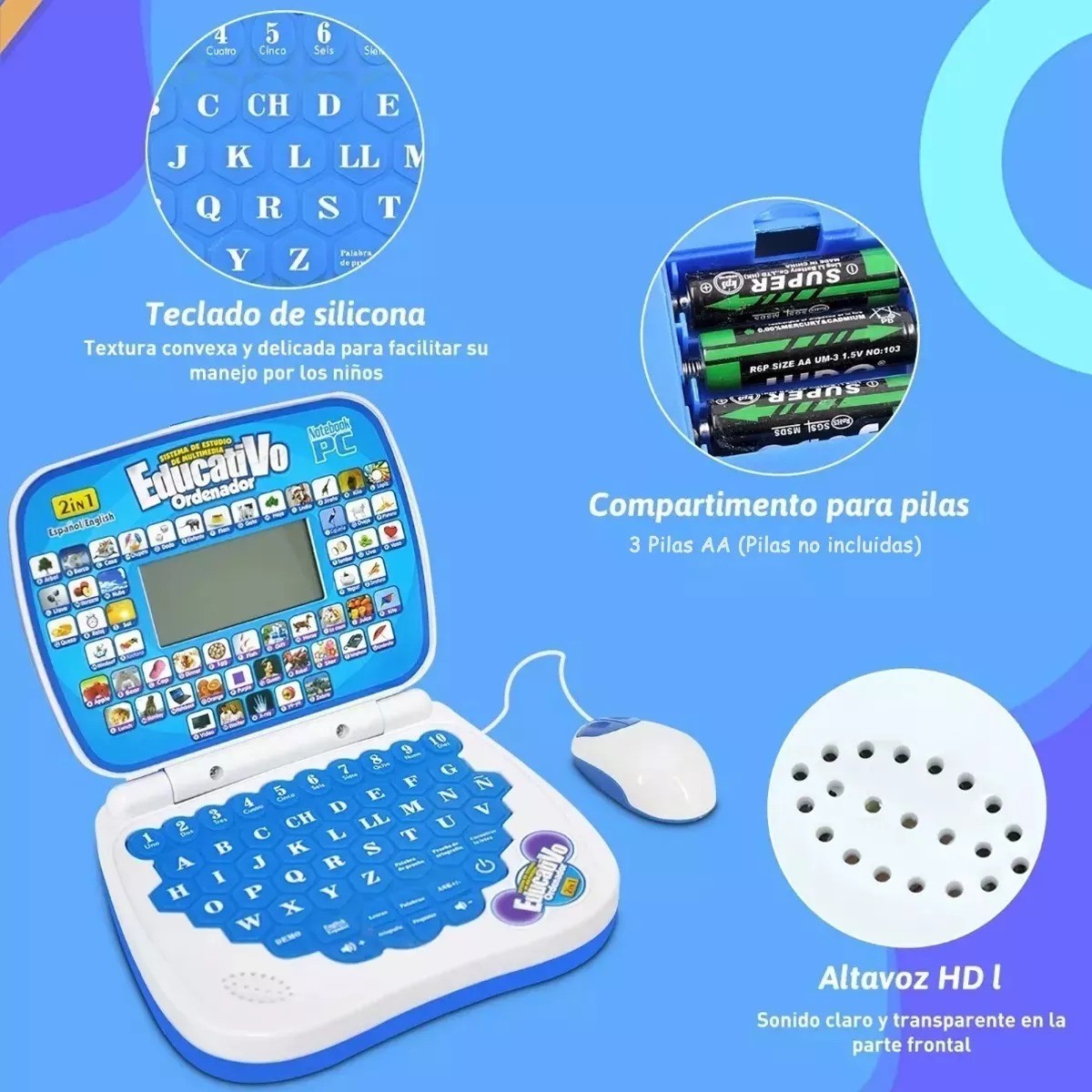 Mini Laptop Interactiva Educativa Espa&ntilde;ol/ingl&eacute;s Ni&ntilde;os image number null