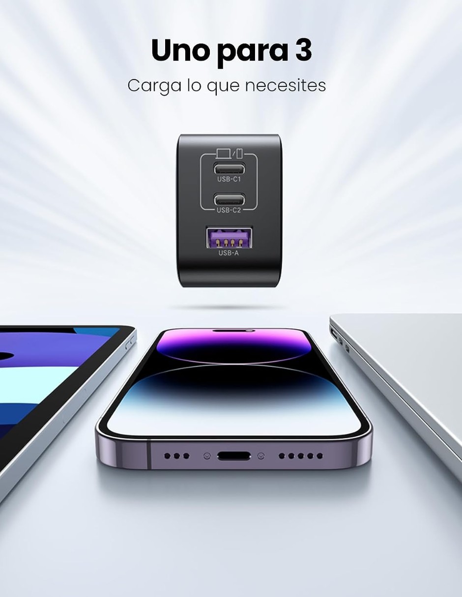 Cargador USB C 65W Ugreen con 3 Puertos para Viaje image number null
