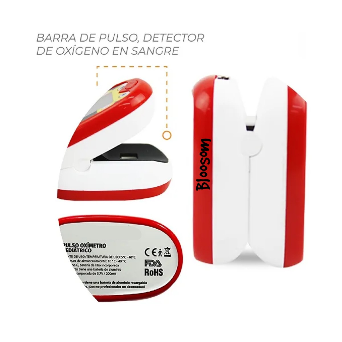 Ox&iacute;metro Pedi&aacute;trico Port&aacute;til Digital Recargable HD400 Rojo image number null