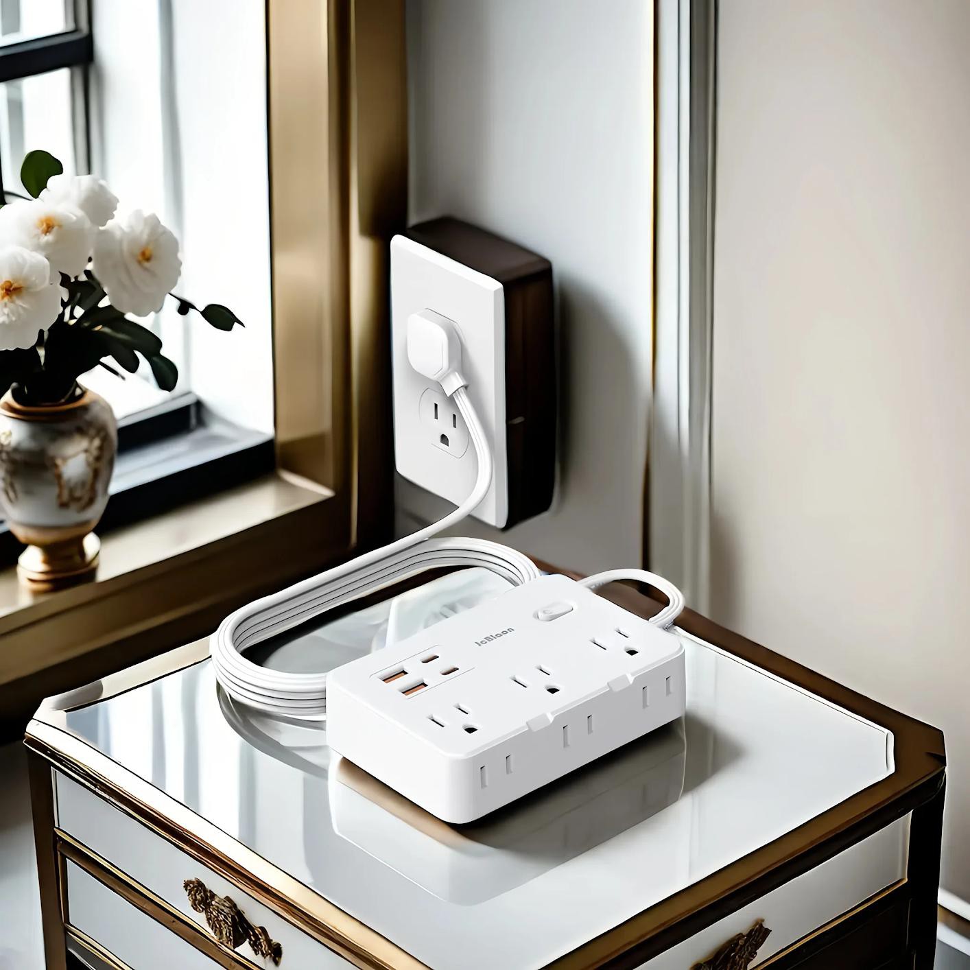 Multi contacto Protector blanco sobretensiones 6 salidas 4 USB adaptador hogar Oficina port&aacute;til image number null