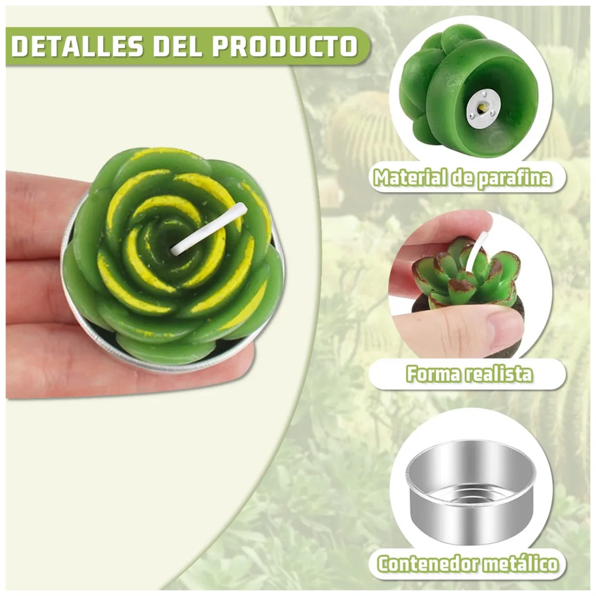 24pcs Velas Decorativas De Cactus Suculentas Verde Con Bolsa image number null