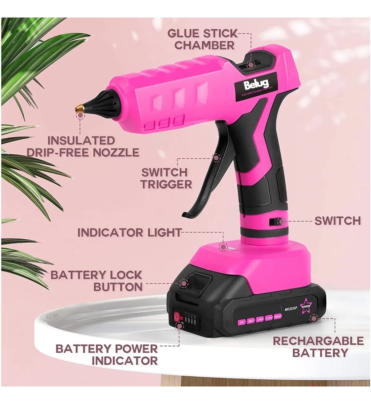 Pistola De Silicon Inalambrica Belug 100w/11mm Con 32 Barras Rosa image number null