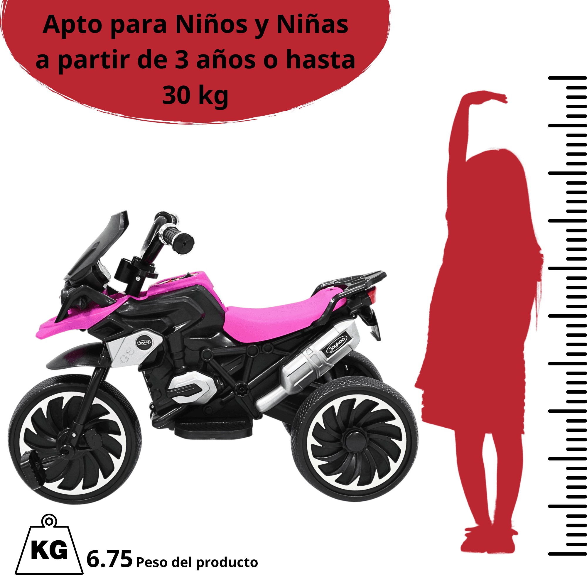 Moto Montable El&eacute;ctrica para Ni&ntilde;os Triciclo H&iacute;brido con Luces y Sonido Recargable 6v Soporta hasta 30 kg - Rosa image number null