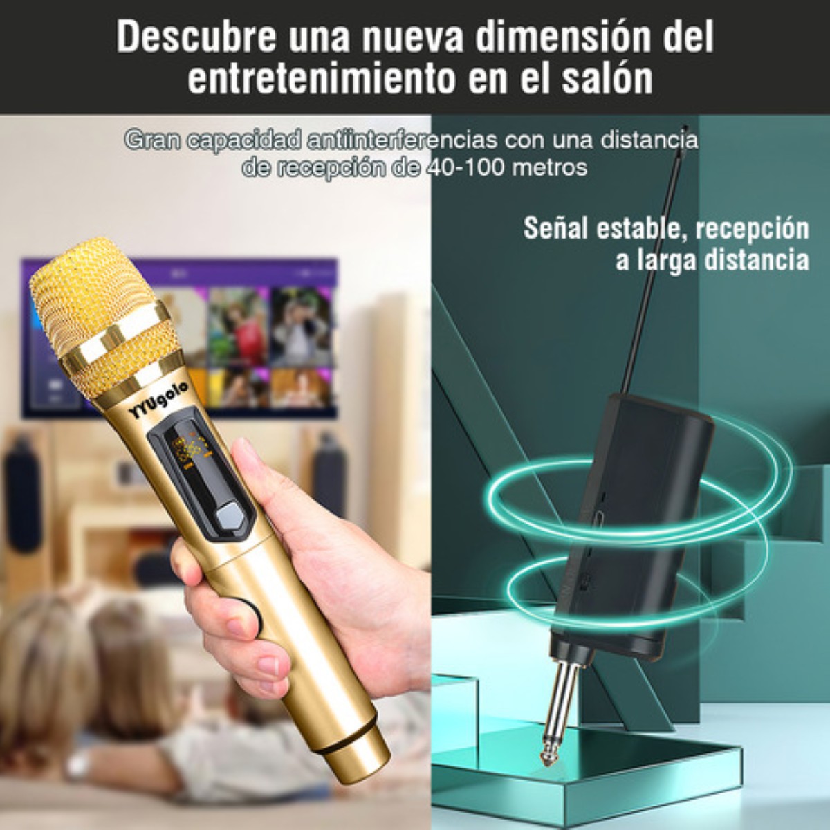 "YYUgolo MIC 402 Micr&oacute;fono Inal&aacute;mbrico Profesional Karaoke Kit 2pcs Color Oro " image number null