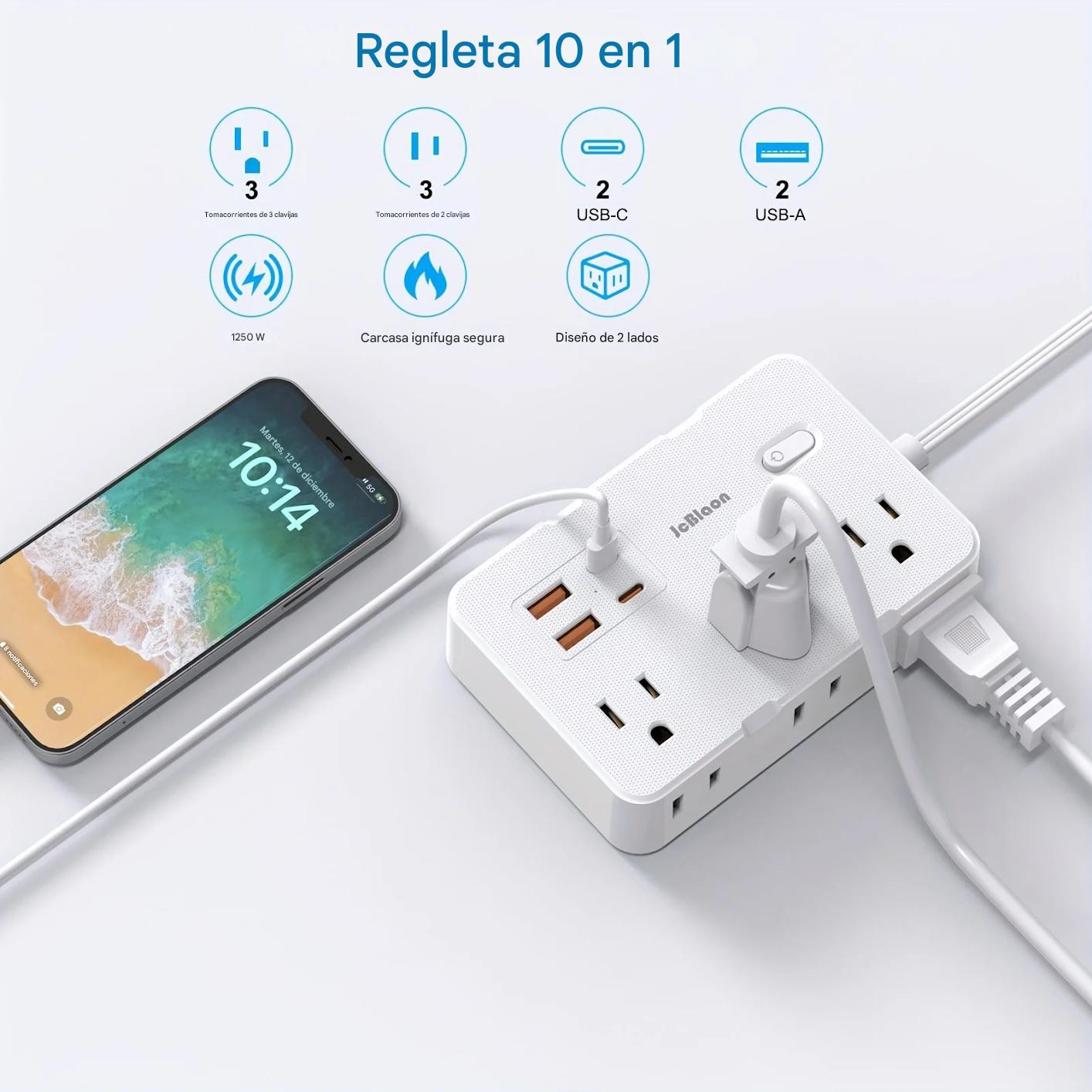 Multi contacto Protector blanco sobretensiones 6 salidas 4 USB adaptador hogar Oficina port&aacute;til image number null