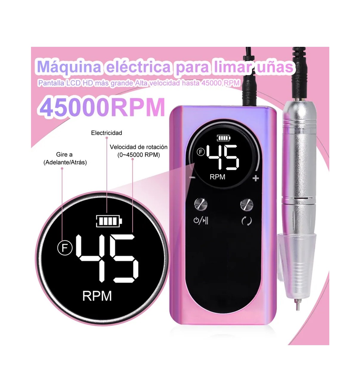 Pulidor De U&ntilde;as Esmeril Profesional Drill Port&aacute;til 45000 Rpm Rosa Tornasol Bloosom image number null