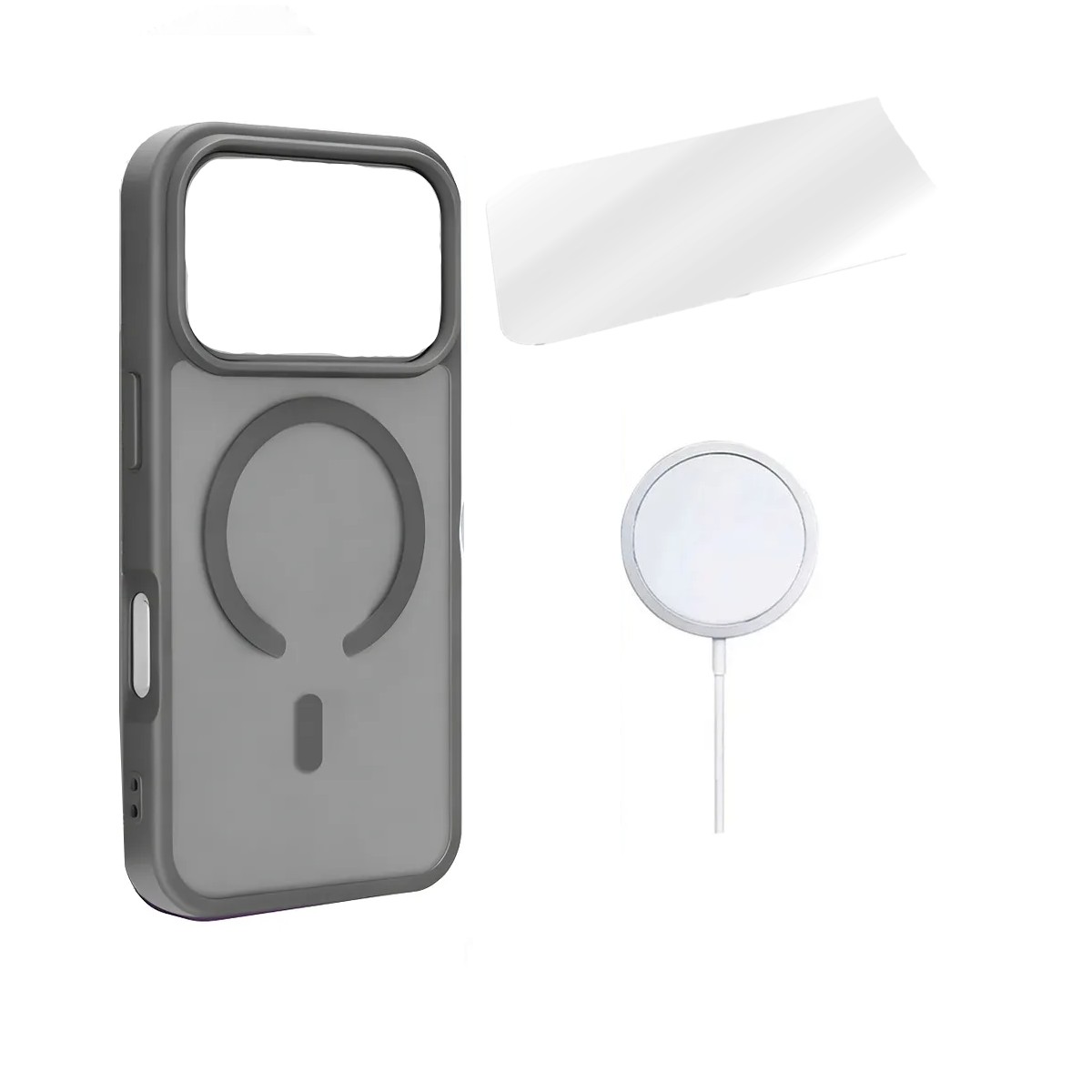Funda Magsafe Para iPhone 17 Pro+ Cargador Inal&aacute;mbrico 15w + Mica De Vidrio Gris image number null