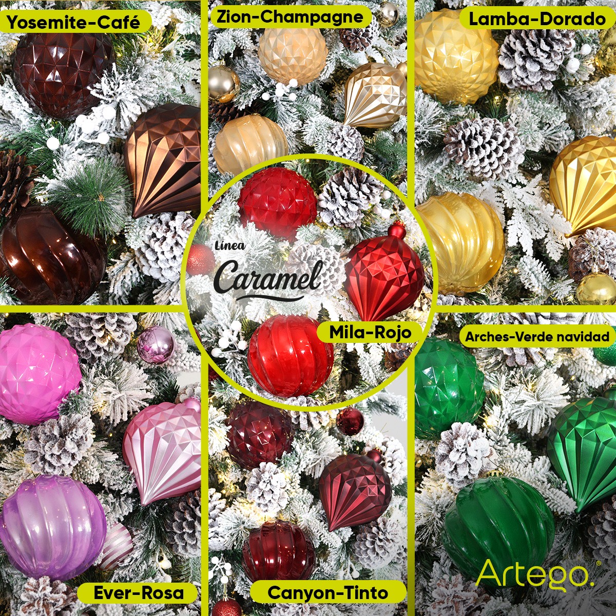 Esferas para &aacute;rbol de navidad Artego extra grandes de 15 cm paq 6 esferas Verde Navidad * L&iacute;nea Caramel 3 texturas image number null