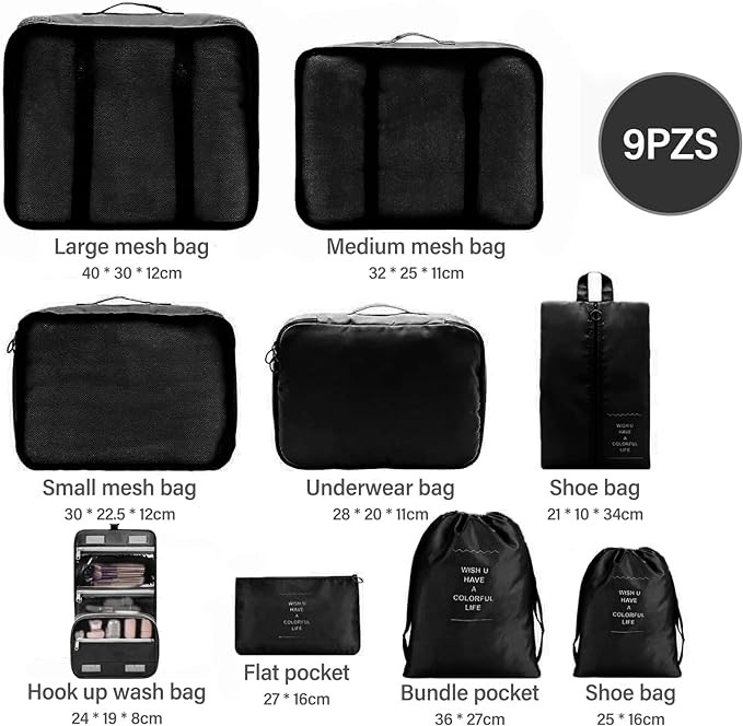 A Cooseon 9pcs Organizadores Viaje Maleta Bolsa Almacenamiento Maleta Packing Cubes Compression Bolsitas Guardar Ropa Maletas Viaje para Ropa Zapatos Lentes Joyeria Brasier Cosm&eacute;ticos Accesorios, Negro. image number null