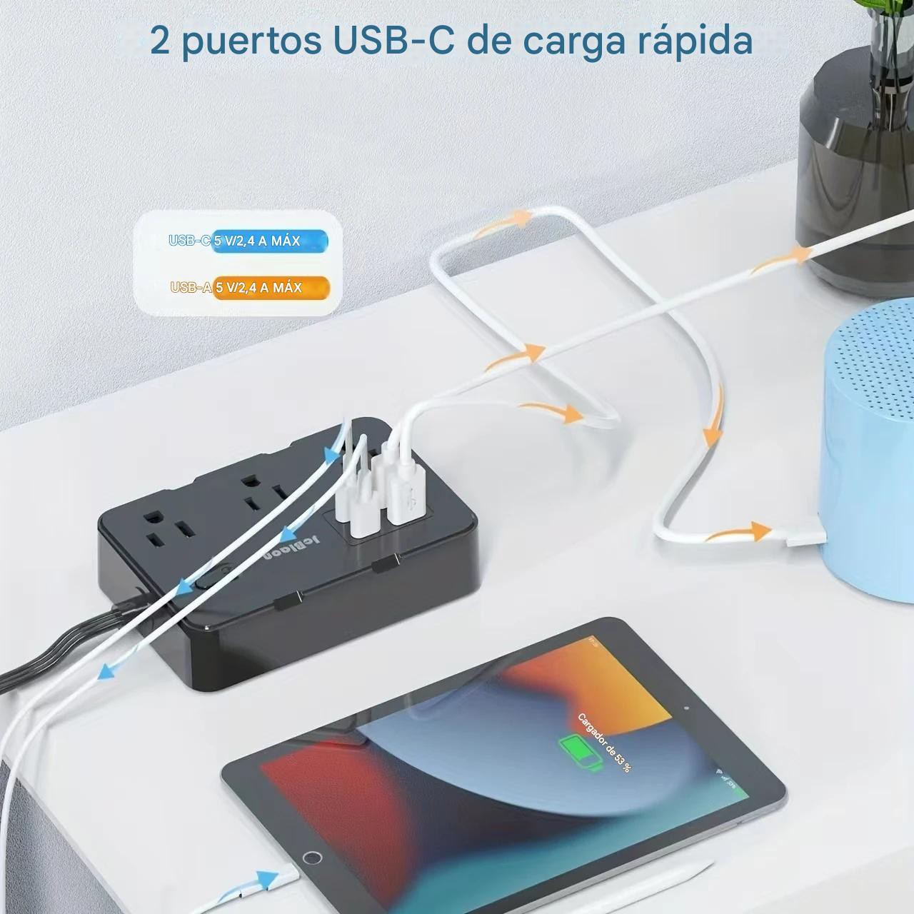Multi contacto Protector blanco sobretensiones 6 salidas 4 USB adaptador hogar Oficina port&aacute;til image number null