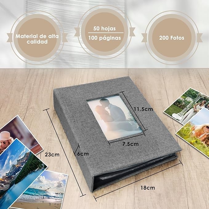 A Album de Fotos Creativo DIY, &Aacute;lbum Grande con Cubierta de Lino, &Aacute;lbum de 100 P&aacute;ginas para Cumplea&ntilde;os, Capacidad para 200 Fotos de 11x15 cm, Regalo de Aniversario para parejas, bodas, familia (Gris). image number null
