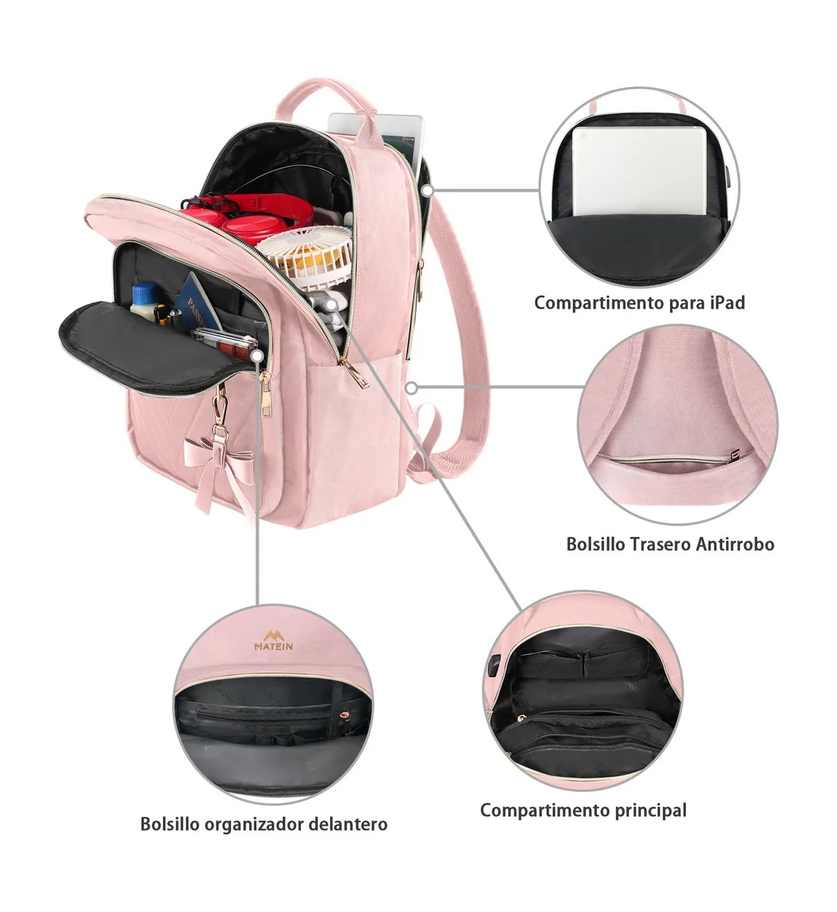 Mochila de Mujer Escolar de Moda Impermeable y Antirrobo Rosa Bloosom image number null