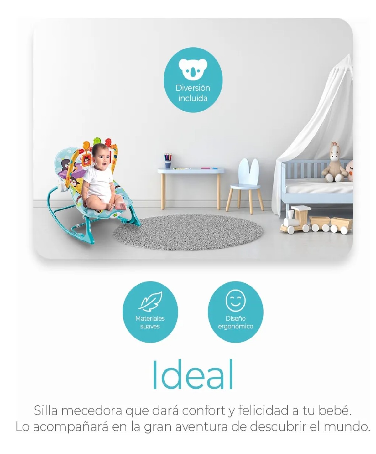 Rocker silla vibradora mecedora de bebe musical con juegos color azul-verde turquesa image number null