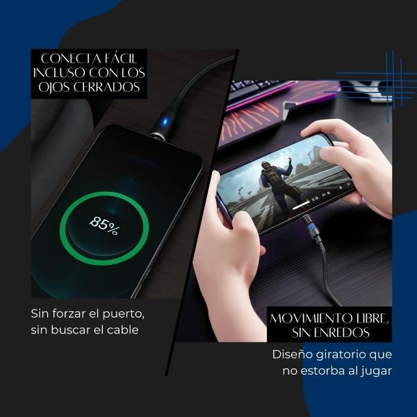 Cable Magn&eacute;tico 3 en 1 con LED y Conector Giratorio 540&deg; &ndash; Pack 2 Piezas image number null