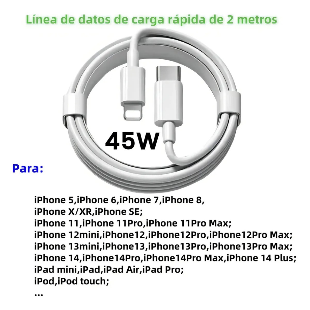 2m Cable Para iPad iPhone 11 12 13 14 De Carga R&aacute;pida Conjunto Blanco image number null